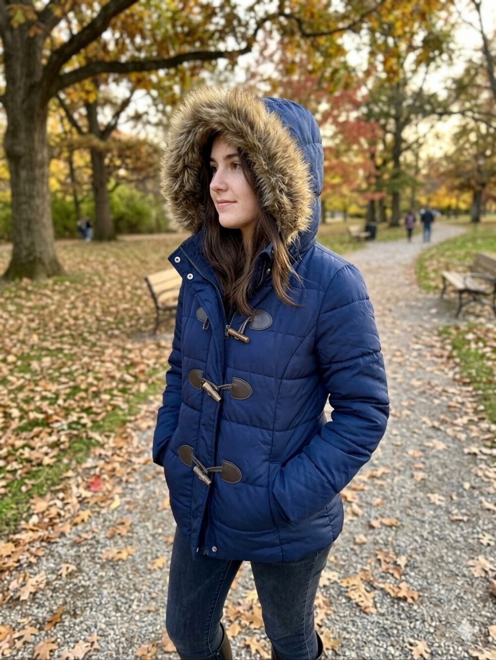 Aeropostale Navy Blue Toggle Puffer Winter Jacket Coat with Faux Fur Trim Hood